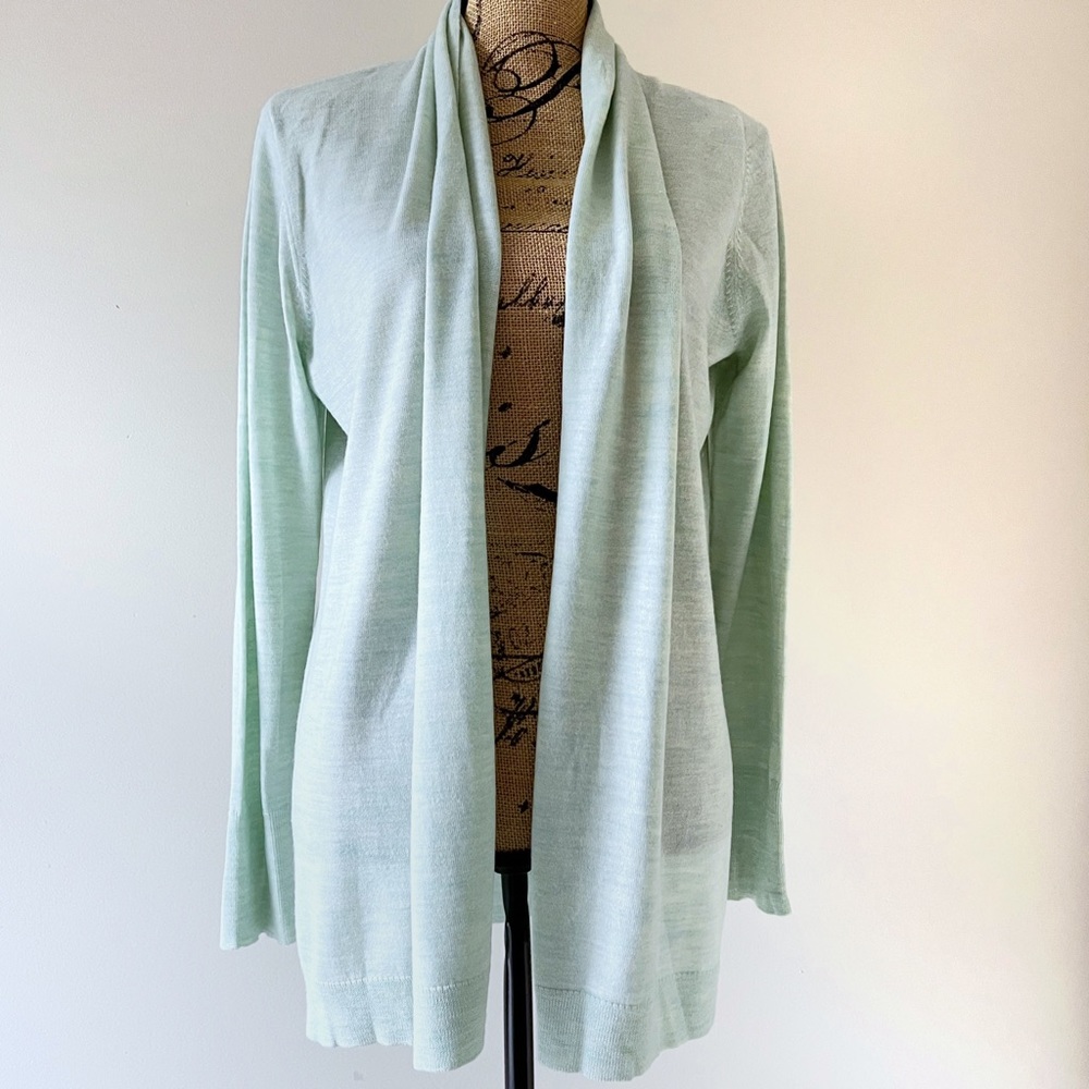 Tahari 100% Merino Wool extrafine lightweight long cardigan mint green aquagreen